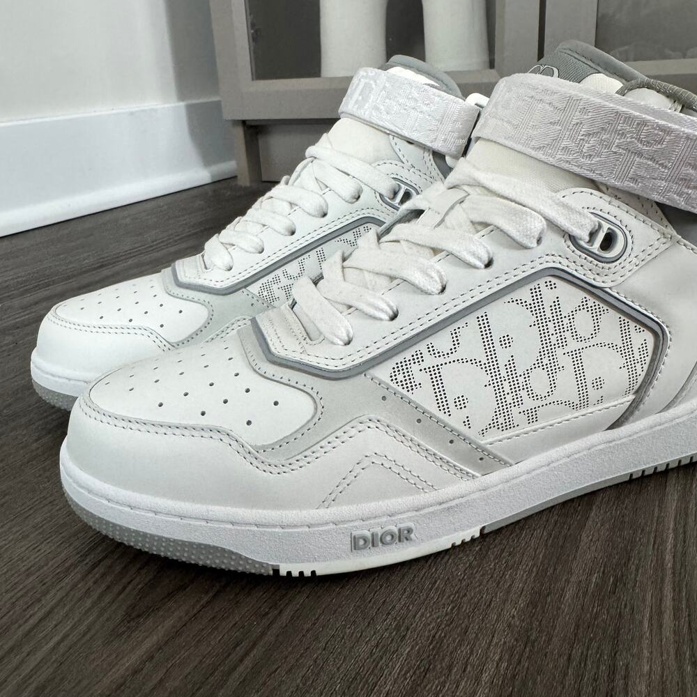DIOR B27 High Top White Gray Monogram Strap Sneakers 40 NEW Lace up Leather Logo - Picture 4 of 7